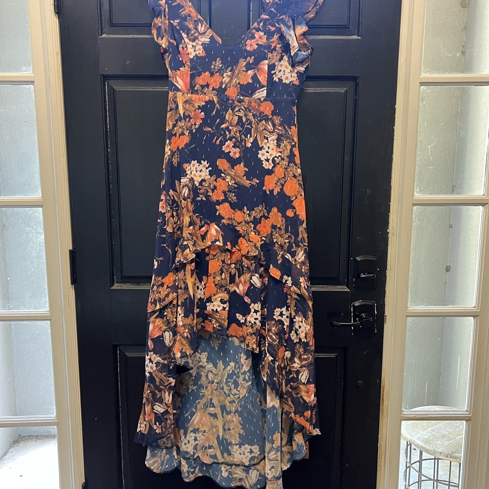 Lulu's Orange and Navy Blue Asymmetrical High-Low Sundress